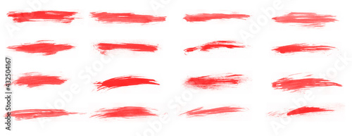 Abstract set of red smear brushes isolated on white background