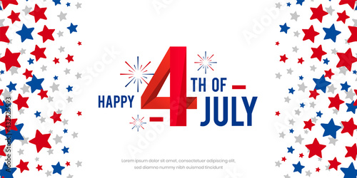 Happy 4th of July design with modern design with a firework on red, blue, and white starburst abstract background, template. Vector illustration. 