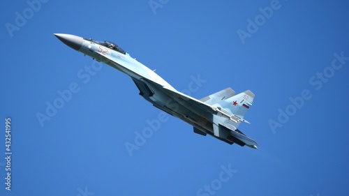 Moscow Russia Zhukovsky Airfield 31 August 2019: aerobatic Su-35 perfoming demonstration flight of the international aerospace salon MAKS-2019