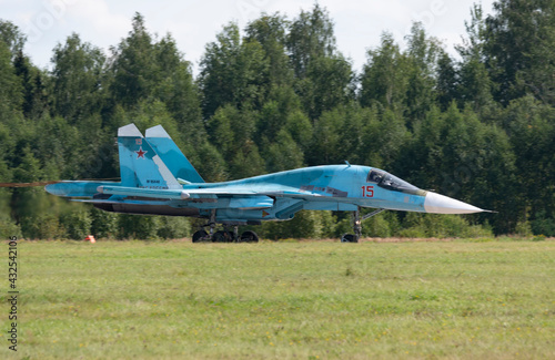 Moscow Russia Zhukovsky Airfield 31 August 2019: landing SU-34 fighterof the international aerospace salon MAKS-2019.