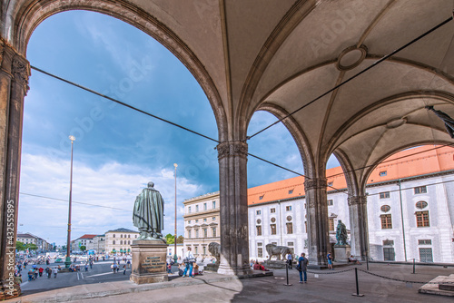 The Feldherrenhalle. It was built from 1841 to 1844 by Friedrich von Gärtner, with statues of Count Tilly and Prince Wrede, characters of the Bavarian Military History. August 2014