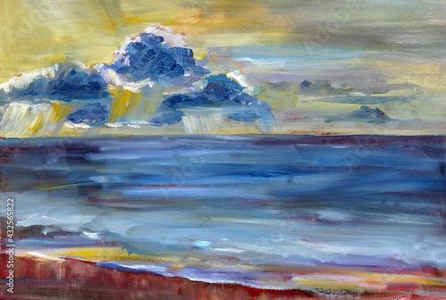 Oil painted sunny summer warm sea sunset