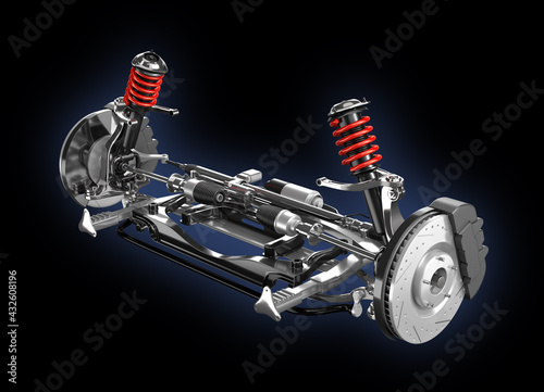 Car suspension and disk brake isolated on black background. 3D rendering image.