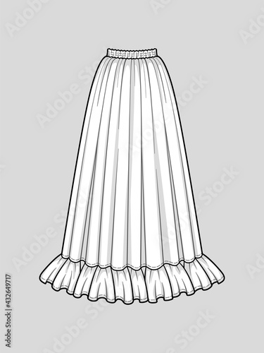Flared long skirt with ruffle hem. Elastic smocked waist. Maxi length.