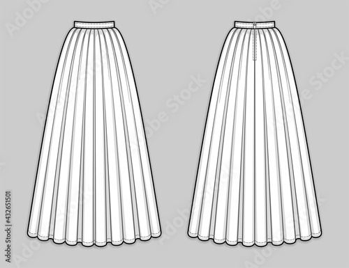 Floor-length flared skirt with pleats, banded waist, back zip closure. Back and front. Technical flat sketch.