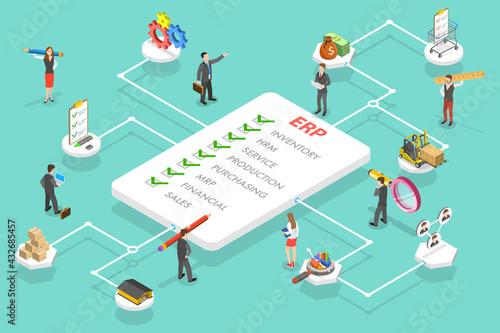 3D Isometric Flat Vector Conceptual Illustration of ERP - Enterprise Resource Planning, Business Automation and Innovation