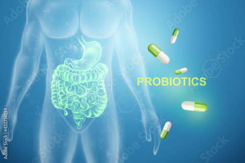 Image of intestines and pills, inscription probiotics. The concept of diet, intestinal microflora, microorganisms, healthy digestion. 3D render, 3D illustration.