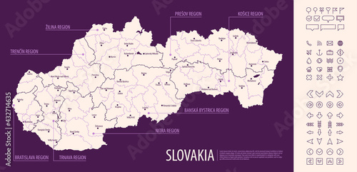Detailed map of Slovakia with administrative divisions on dark background, country big cities and icons set, vector illustration