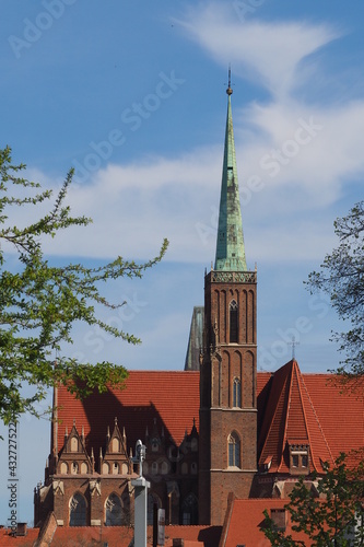 Kościół na Ostrowie Tumskim na tle gałęzi wiosną, Wrocław, Polska