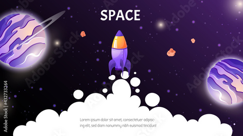 Startup business idea background for landing page template, rocket banner with cloud, planet, satellite and space for text. Vector cartoon illustration in game style