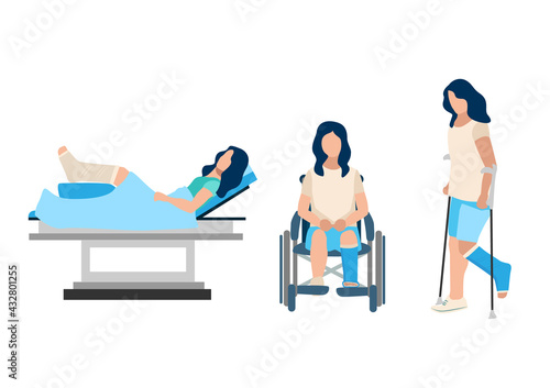 Vector set of a woman with a broken leg in the hospital. A girl with a plaster cast leg lies on the bed, sits in a wheelchair, walks on crutches.