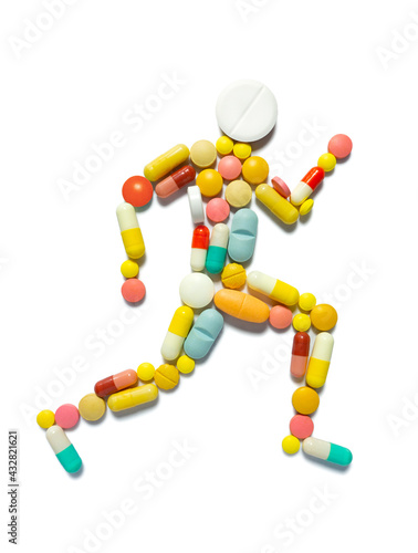 Creative medicine health sport concept photo of man person made of pills drugs bodybuilder runner sportsman steroids doping.