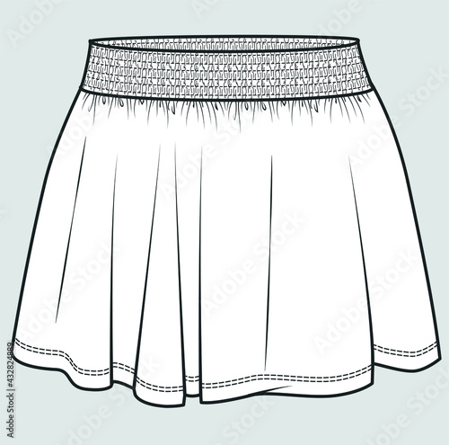 Skirt flat sketch for girls. Skirt technical drawing. Girls Short Skirt fashion flat sketch template. Technical Fashion Illustration. Smocking elastic waist effect.