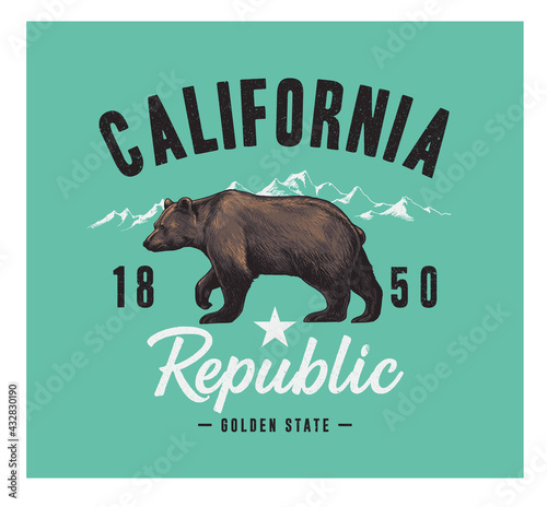 California typography with grizzly bear- vector illustration for t-shirt