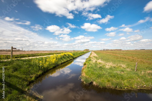 View over a Dutch landscape with a canal, grass, blue sky, white clouds 