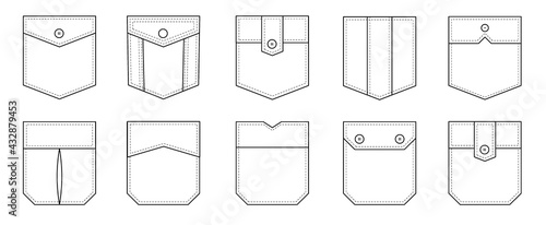 Patch pocket. Set of uniform patch pockets shapes for clothes, dress, shirt, casual denim style. Isolated icons.