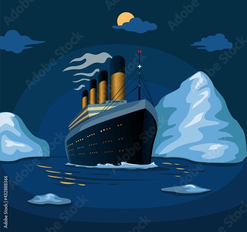 Titanic cruise ship sail in sea iceberg in night scene illustration in cartoon vector