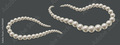 Pearl necklace or bracelet isolated. Precious white pearl beads, luxurious jewelry. Vector illustration