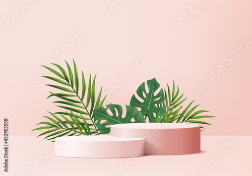 3d background products display podium scene with green leaf geometric platform. background vector 3d render with podium. stand to show cosmetic products. Stage showcase on pedestal display pink studio