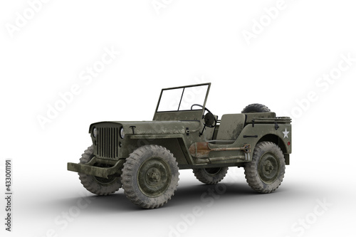 Front side view 3D illustration of a vintage green military 4x4 vehicle isolated on white.