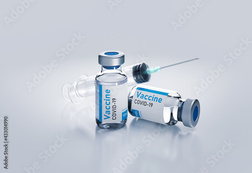 Ampoules vaccine from coronavirus with syringe 3d render illustration on white.