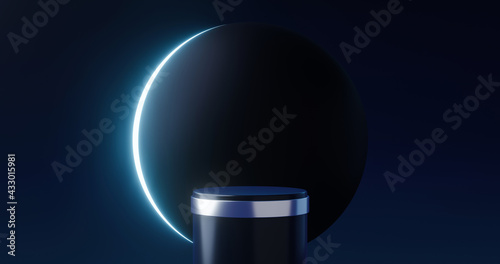 Luxury product background stage and black moon podium pedestal backdrops on universe moonlight display. 3D rendering.