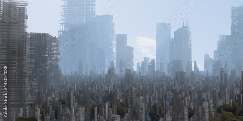 Skyscraper ruins. Apocalypse aerial view. Futuristic abandoned city. Calm downtown scene. Financial district remnants.
