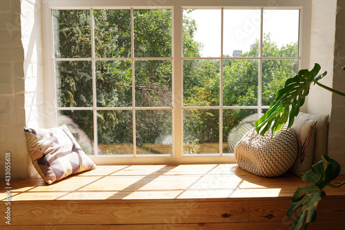 Bright scandinavian room interior with green plant monstera and sunlights, white window sill, pillows