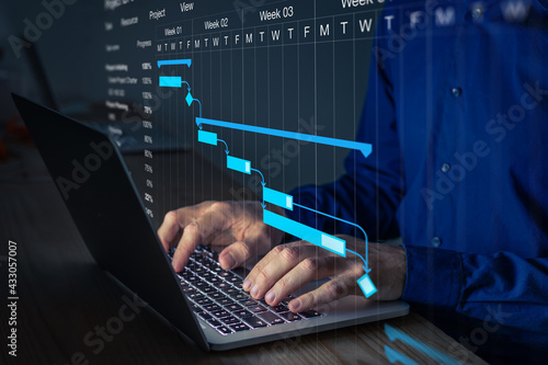 Project manager working on Gantt chart to update the schedule, tasks and milestones progress for the team. Management diagram on computer screen with person coordinating teamwork.