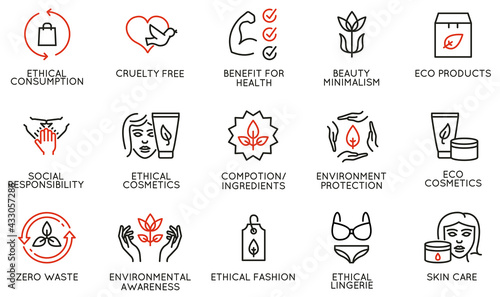 Vector Set of Linear Icons Related to Ethical Consumption and Eco Products. Mono line pictograms and infographics design elements