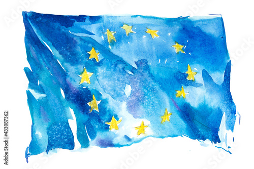Europe, European Union flag. Hand drawn watercolor illustration.