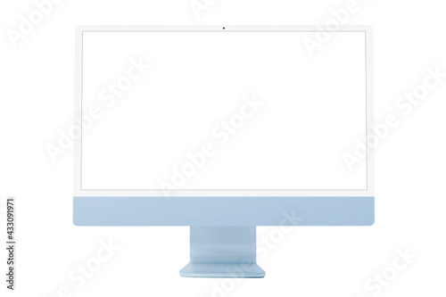 Modern desktop computer in blue color with empty white screen