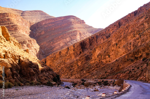 View on empty curved road through narrow dry limestone canyon from shade to sunshine - todra (todgha) gorge, morrocco