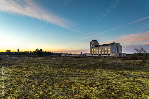 The beautiful historic building of the former Radio Kootwijk broadcasting station in the middle of the Veluwe heath near the town of Kootwijk in the province of Gelderland in the Netherlands.