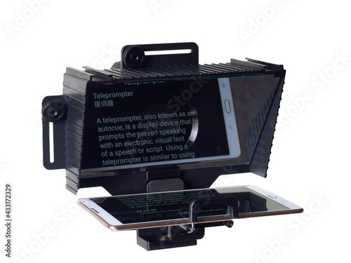 Teleprompter with a tablet with text, tool for script reading, video producers