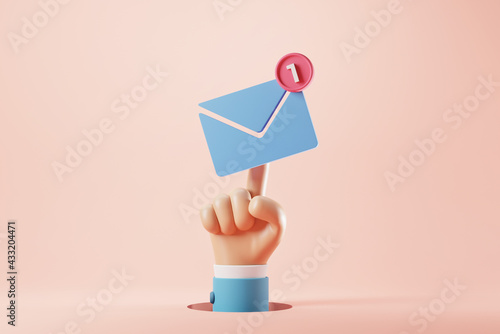 Hand of businessman pressing an new email notification icon with one e-mail message. minimal design. 3d rendering