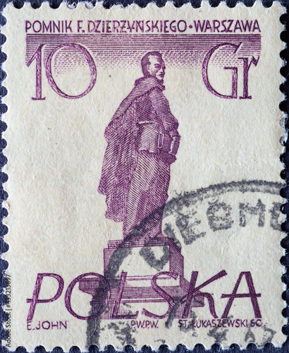 POLAND-CIRCA 1955 : A post stamp printed in Poland showing a Warsaw figure: feliks e. dzerzhinski, warsaw monument, polish revolutionary