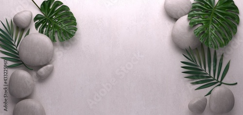 Grey spa background, palm leaves and stones, top view, 3d rendering