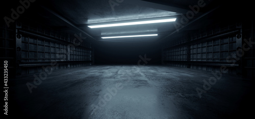 Dark Concrete Led White Lights Underground Tunnel Corridor Cement Asphalt Hallway Warehouse Tunnel Corridor Metal Structure Realistic Empty 3D Rendering