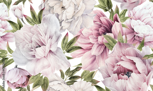 Seamless floral pattern with peonies on summer background, watercolor illustration. Template design for textiles, interior, clothes, wallpaper