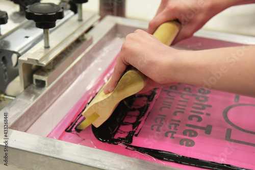 Screen printing, or silk screening, with black plastisol on t-shirts and posters.