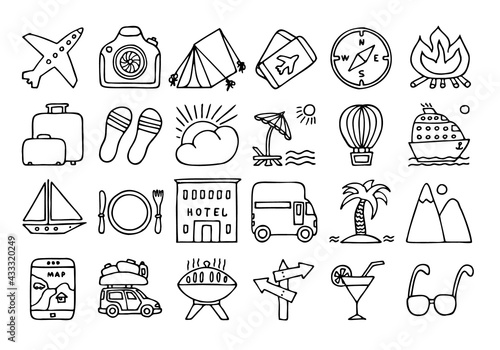 Set of icons on the theme of recreation, vacation, tourism, travel in doodle style. Hand Drawn. Travel Icon Set.