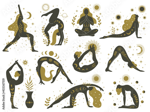 Magical yoga women. Mystical esoteric female silhouettes, minimalist meditating girls vector illustrations set. Yoga feminine contemporary concept