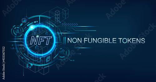 NFT non fungible tokens banner logo for business technology, cryptocurrency, blockchain, unique digital items, crypto art and digital asset. futuristic vector landing page concept background.