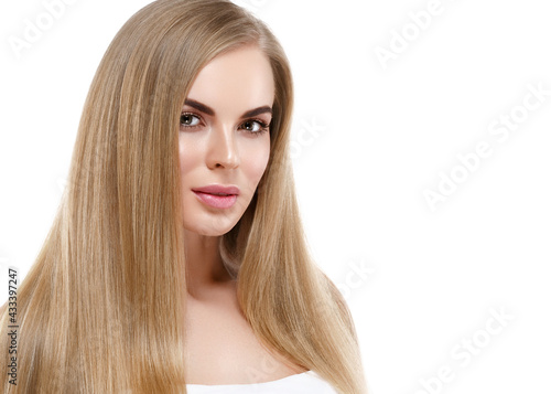 Beautiful woman long healthy blonde hair beauty skin perfect eye lashes isolated on white