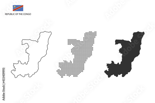 3 versions of Republic of the Congo map city vector by thin black outline simplicity style, Black dot style and Dark shadow style. All in the white background.