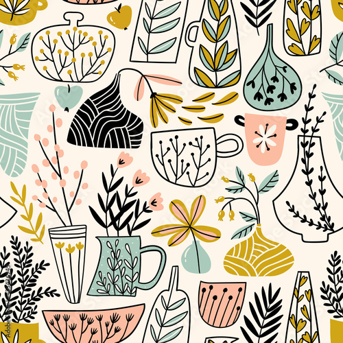 Potted flowers. Vector illustration in scandinavian style. Hand drawn seamless pattern design for fabric or wrapping paper.