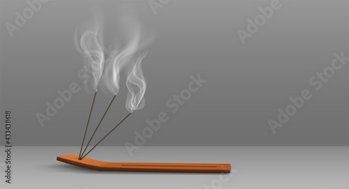Aroma sticks incense with realistic smoke 3d vector illustration. Aroma stick on wooden stand isolated on transparent background. Aromatherapy and meditation