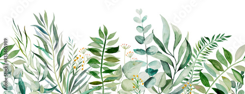 Watercolor botanical leaves seamless border illustration