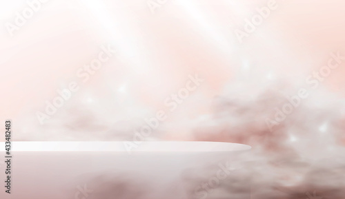 Abstract 3d podium on a pink background. A realistic scene with an empty cosmetics showcase in the clouds in pastel colors.